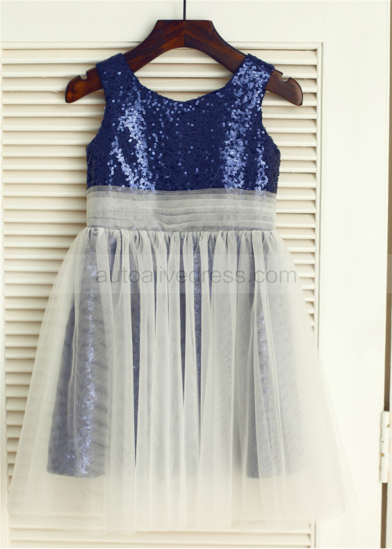 Navy Blue Sequin Tulle Flower Girl Dress